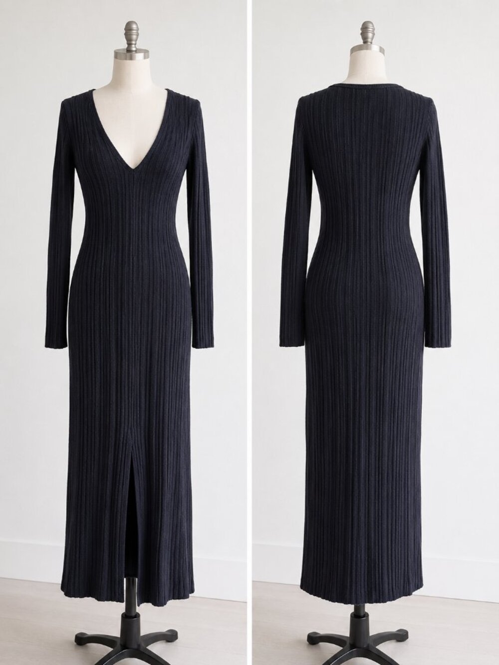 HYFVE Black Ribbed Knit Maxi Dress Long Sleeve V-Neck Front Slit Bodycon, Large